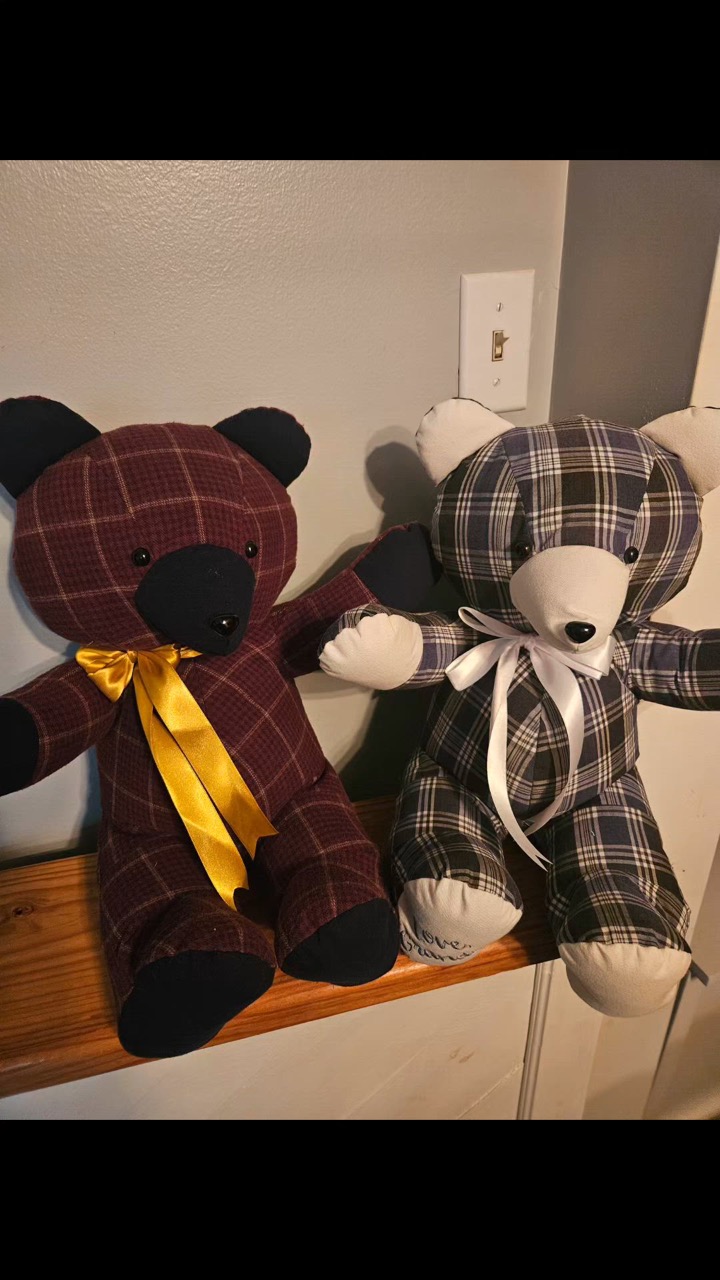 Two memory keepsake bears sewn from plaid shirts